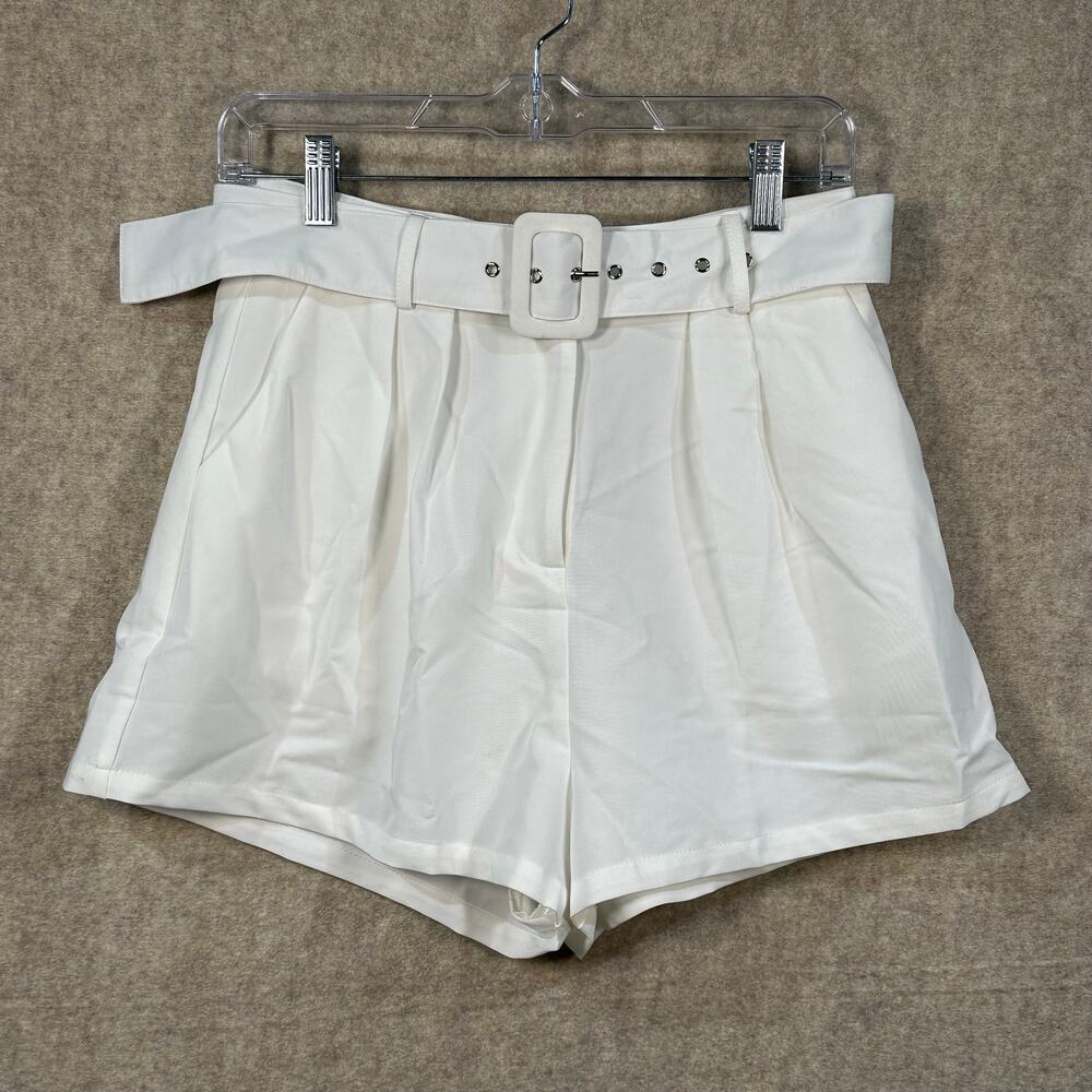 Pink Lily White Pleated Belted Shorts High Waisted Chino Tailored Cream - Small